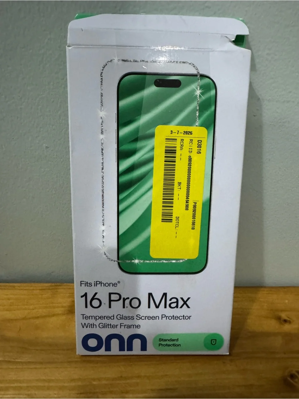onn Tempered Glass Screen Protector for iPhone 16 Pro Max — Green Glitter Frame